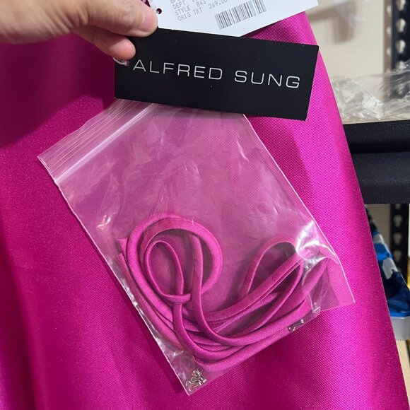 Alfred Sung Strapless Ruffle High-Low Satin Gown Size 8R in THINK PINK - Picture 4 of 12